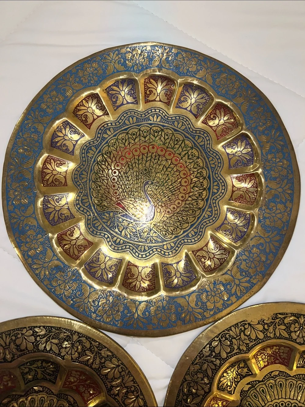 4 Decorative Peacock Brass Wall Plates. Gold w Purple, Blue, Black & Red Accents